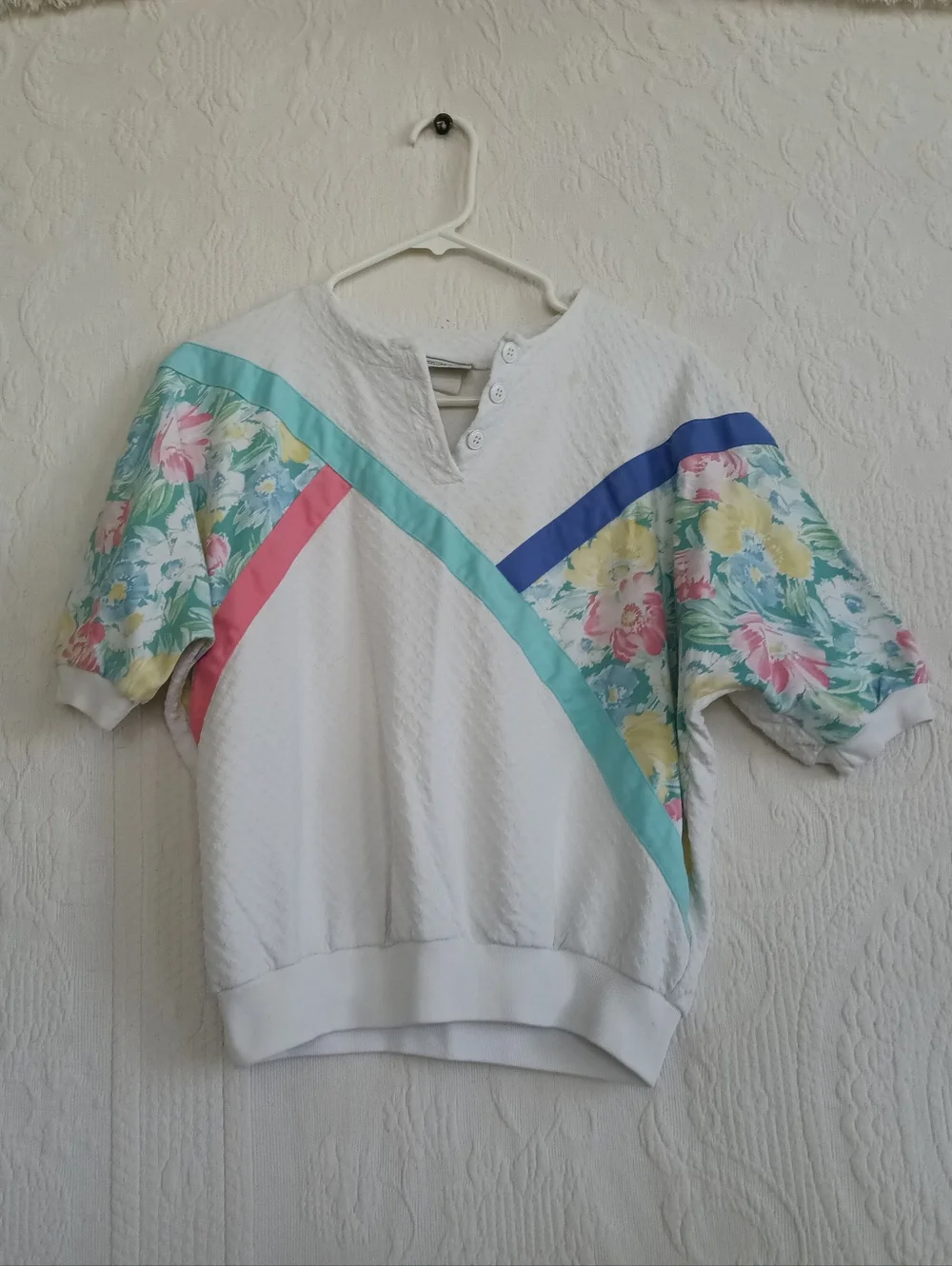 Koret White Floral Panel Colorblock Sweater Vintage Pastel Pink Blue Textured LG - Picture 12 of 12